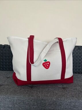 Large Canvas Strawberry Tote Bag with Zipper Enclosure and Red Trim